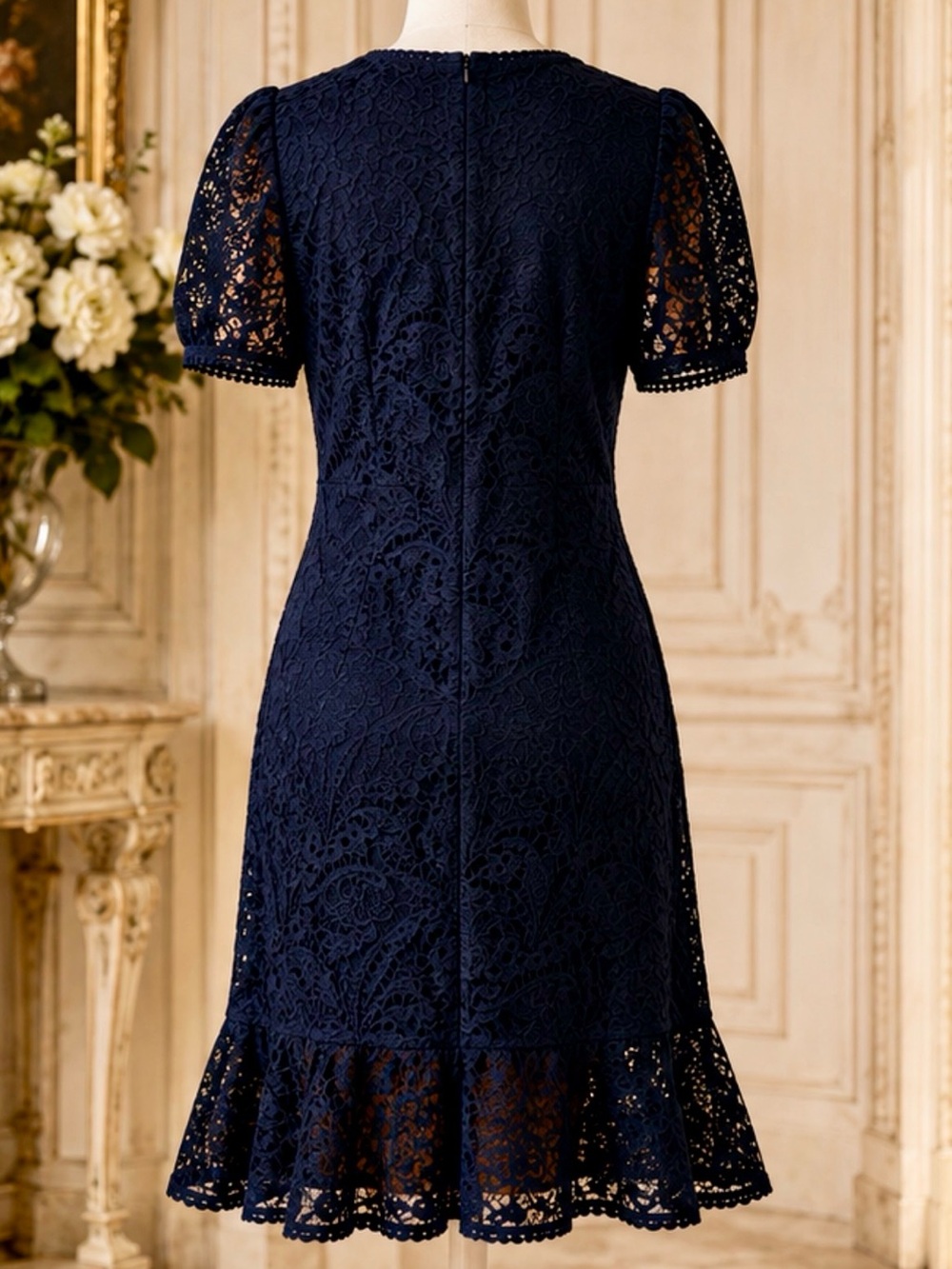 Express Navy Blue Lace Dress XL V-Neck Puff Sleeve Scalloped Hem Cocktail Party - Picture 3 of 11
